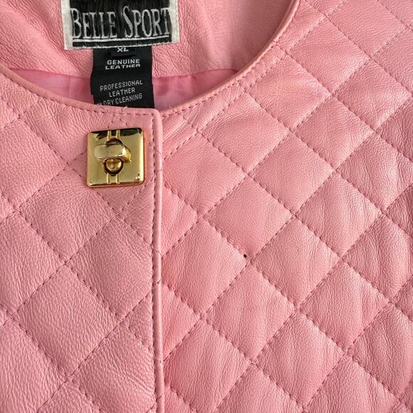 Vtg Leather Jacket Pink Quilted Collarless Womens XL 90s Barbiecore Coquette - Picture 3 of 10